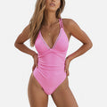 Anna-Kaci Swim Women's Ruched Deep V One-Piece Swimsuit with Double Strap Design and Twist Front Detail