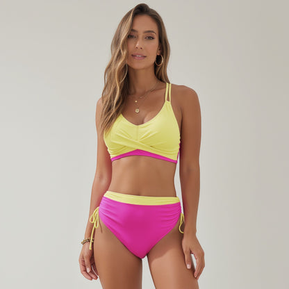 Anna-Kaci Swim Women's Two-Tone Bikini Set with Double Strap Top and High Waist Ruched Bottom with Side Tie Detail