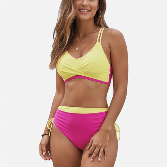 Anna-Kaci Swim Women's Two-Tone Bikini Set with Double Strap Top and High Waist Ruched Bottom with Side Tie Detail