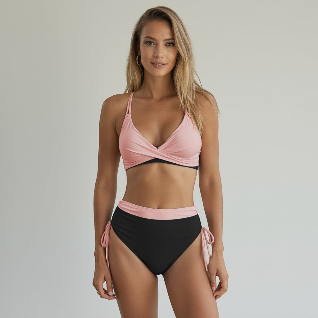 Anna-Kaci Swim Women's Two-Tone Bikini Set with Double Strap Top and High Waist Ruched Bottom with Side Tie Detail