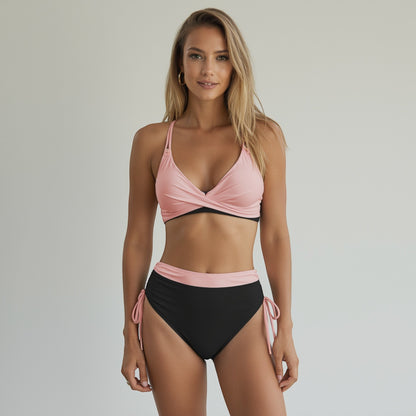 Anna-Kaci Swim Women's Two-Tone Bikini Set with Double Strap Top and High Waist Ruched Bottom with Side Tie Detail