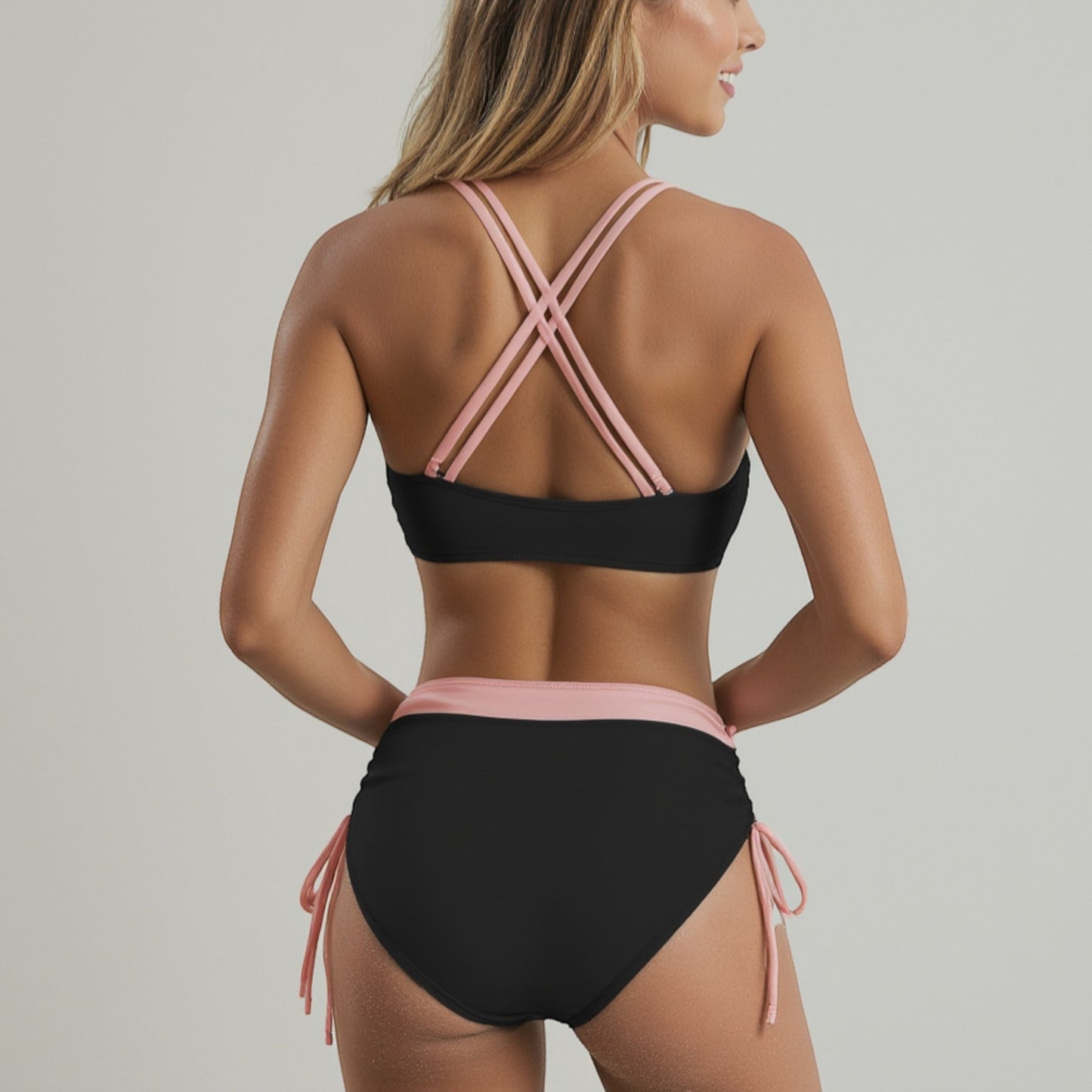 Anna-Kaci Swim Women's Two-Tone Bikini Set with Double Strap Top and High Waist Ruched Bottom with Side Tie Detail
