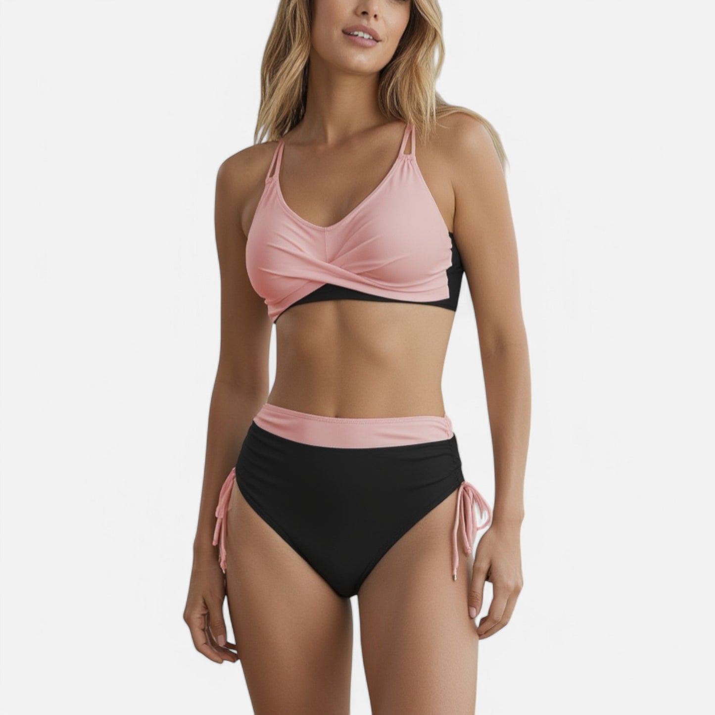 Anna-Kaci Swim Women's Two-Tone Bikini Set with Double Strap Top and High Waist Ruched Bottom with Side Tie Detail