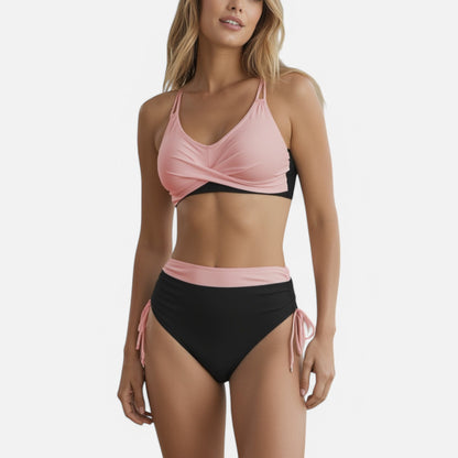 Anna-Kaci Swim Women's Two-Tone Bikini Set with Double Strap Top and High Waist Ruched Bottom with Side Tie Detail