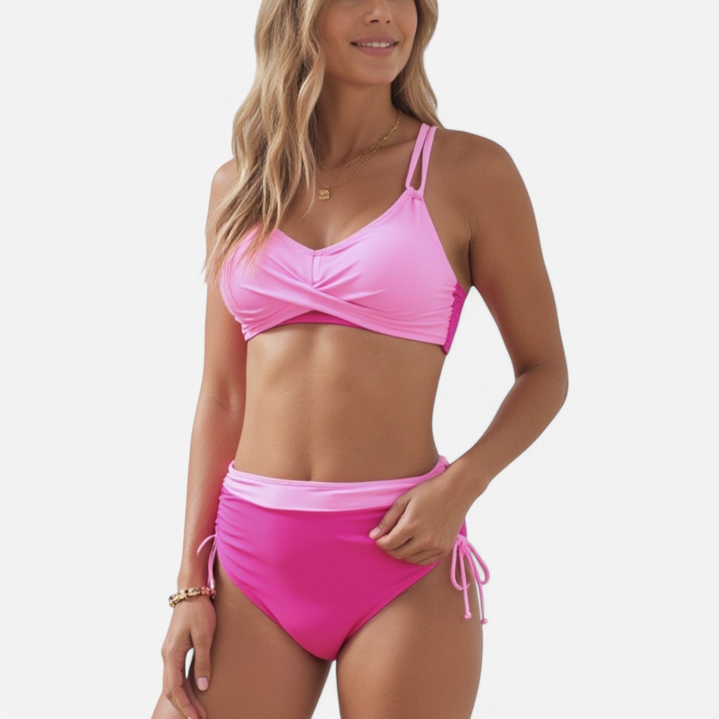 Anna-Kaci Swim Women's Two-Tone Bikini Set with Double Strap Top and High Waist Ruched Bottom with Side Tie Detail