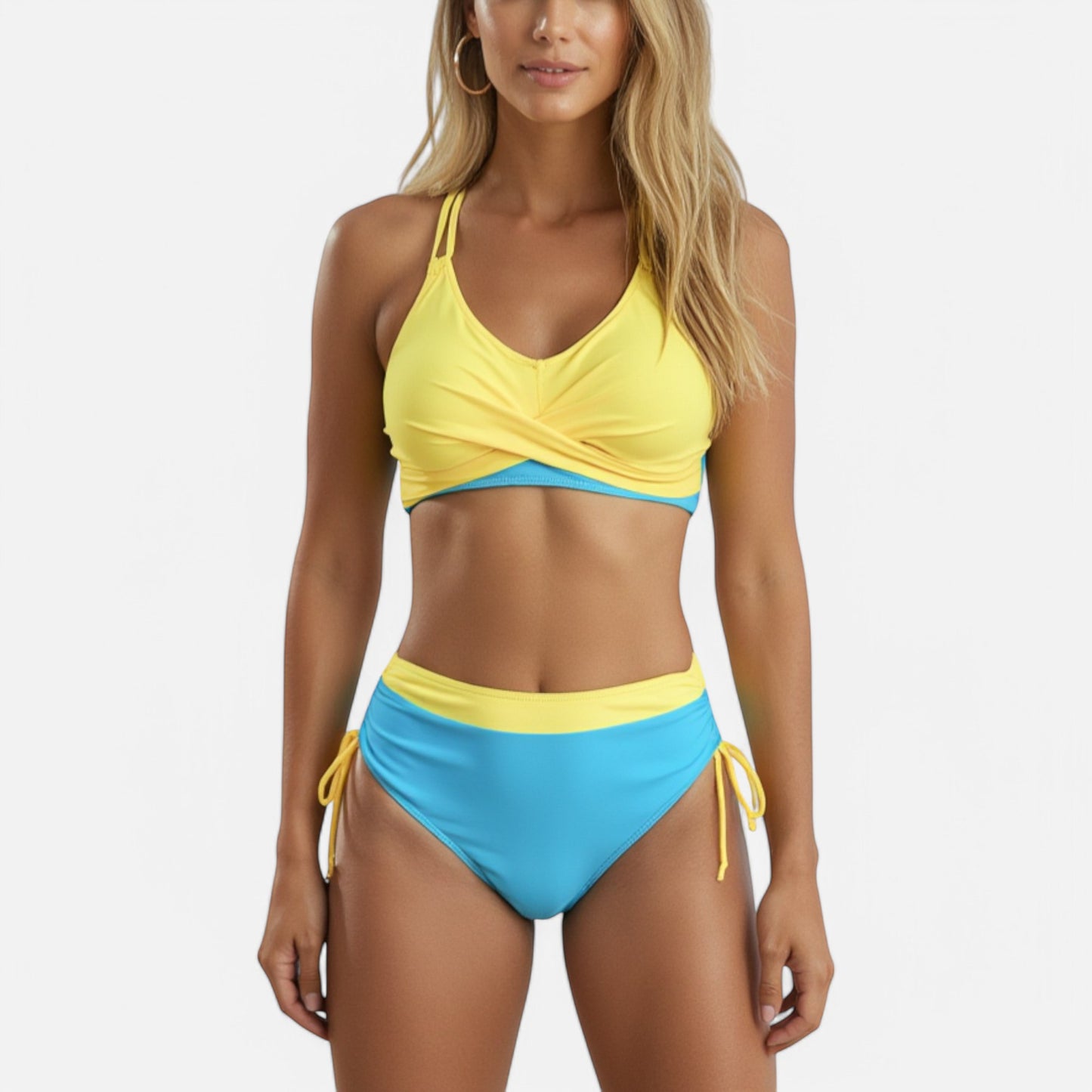 Anna-Kaci Swim Women's Two-Tone Bikini Set with Double Strap Top and High Waist Ruched Bottom with Side Tie Detail