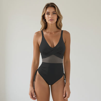 Anna-Kaci Swim Women's Mesh Panel One Piece Swimsuit with Crisscross Bust Detail and Adjustable Side Tie Accents