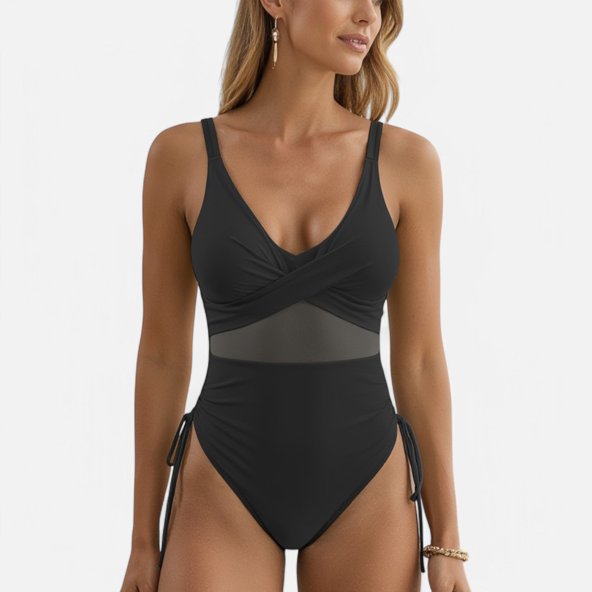 Anna-Kaci Swim Women's Mesh Panel One Piece Swimsuit with Crisscross Bust Detail and Adjustable Side Tie Accents