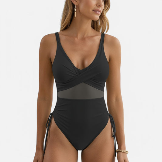 Anna-Kaci Swim Women's Mesh Panel One Piece Swimsuit with Crisscross Bust Detail and Adjustable Side Tie Accents