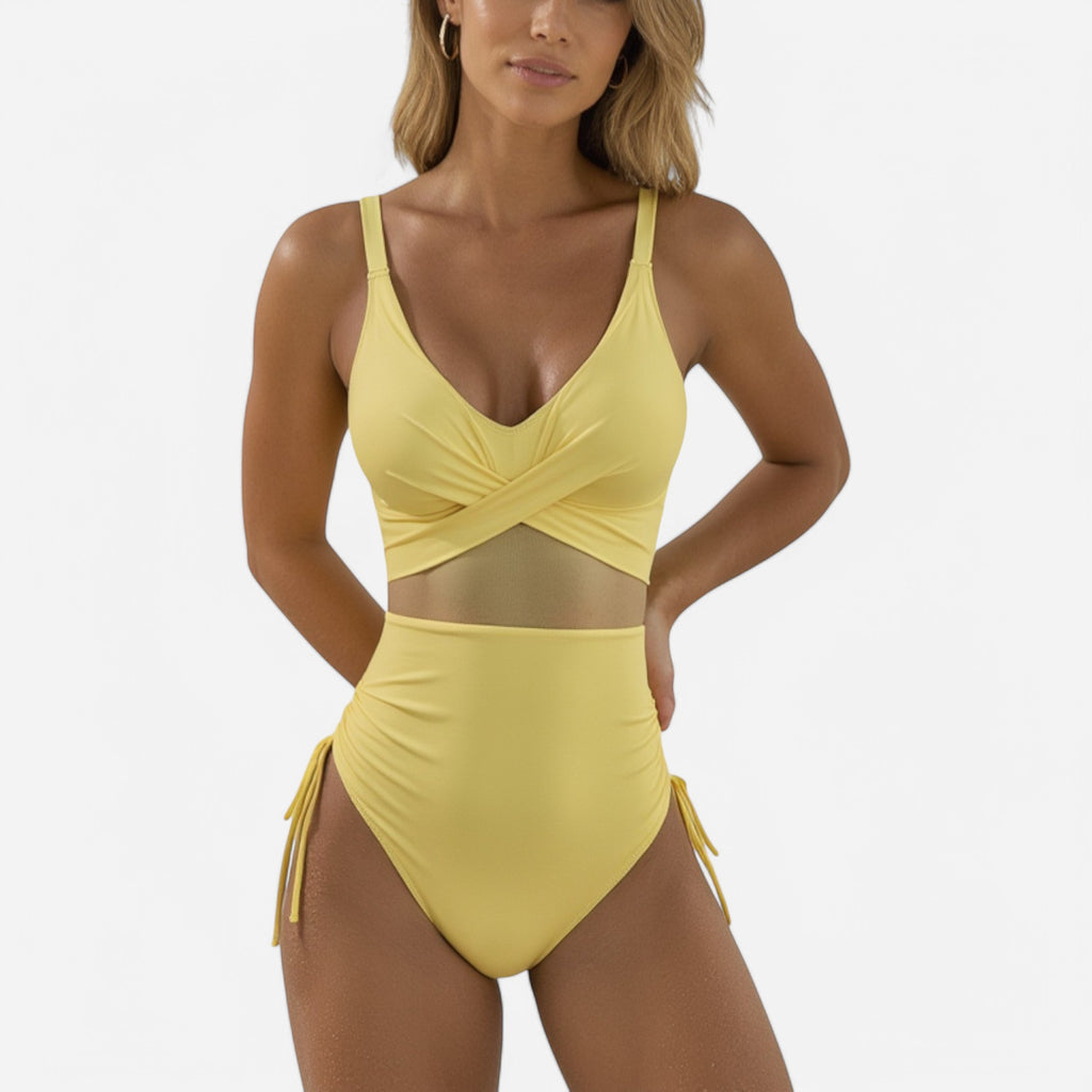Anna-Kaci Swim Women's Mesh Panel One Piece Swimsuit with Crisscross Bust Detail and Adjustable Side Tie Accents