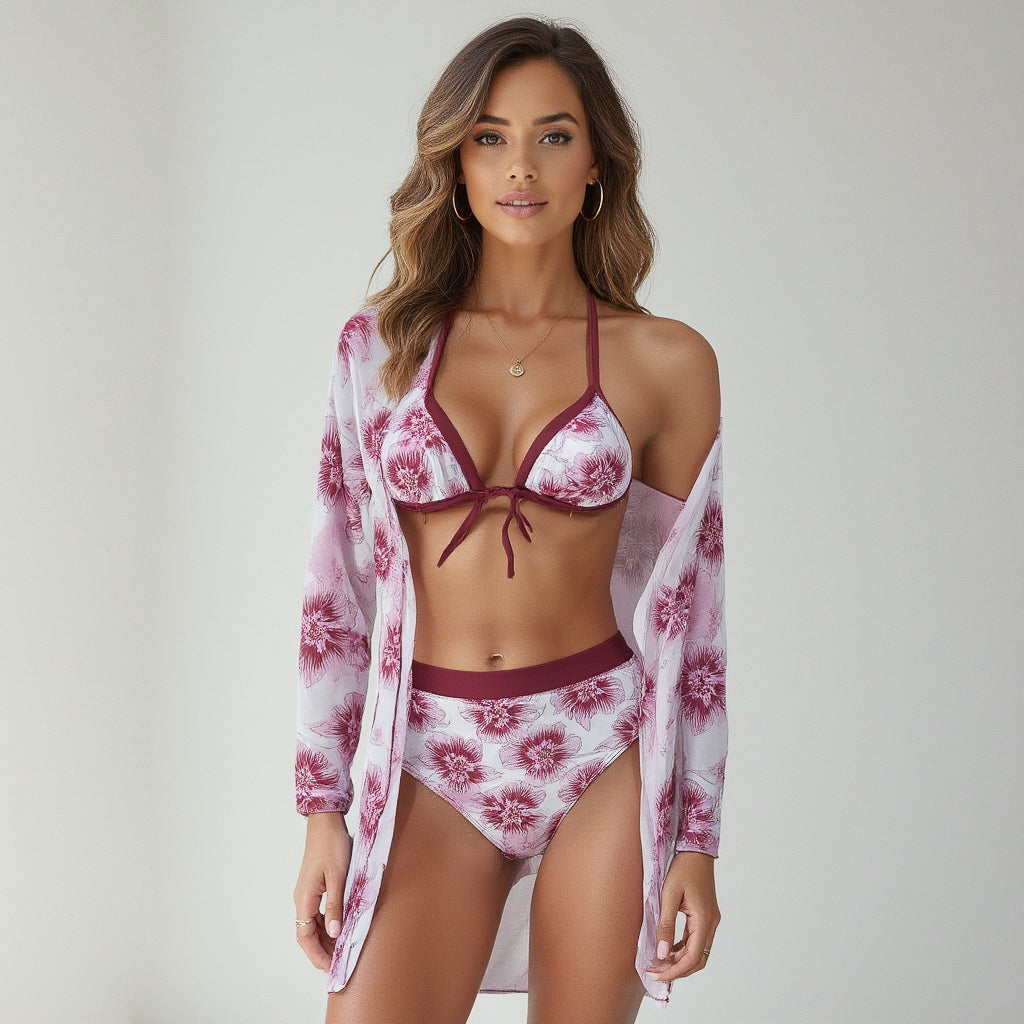Anna-Kaci Swim Women's 3 Piece Floral Print Swimsuit Set with High Waist Bikini Bottoms Tie Front Top and Cover Up