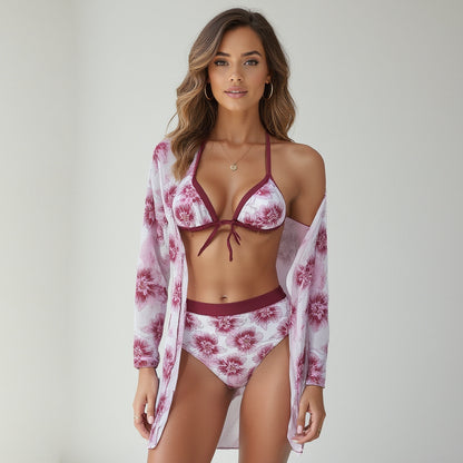 Anna-Kaci Swim Women's 3 Piece Floral Print Swimsuit Set with High Waist Bikini Bottoms Tie Front Top and Cover Up