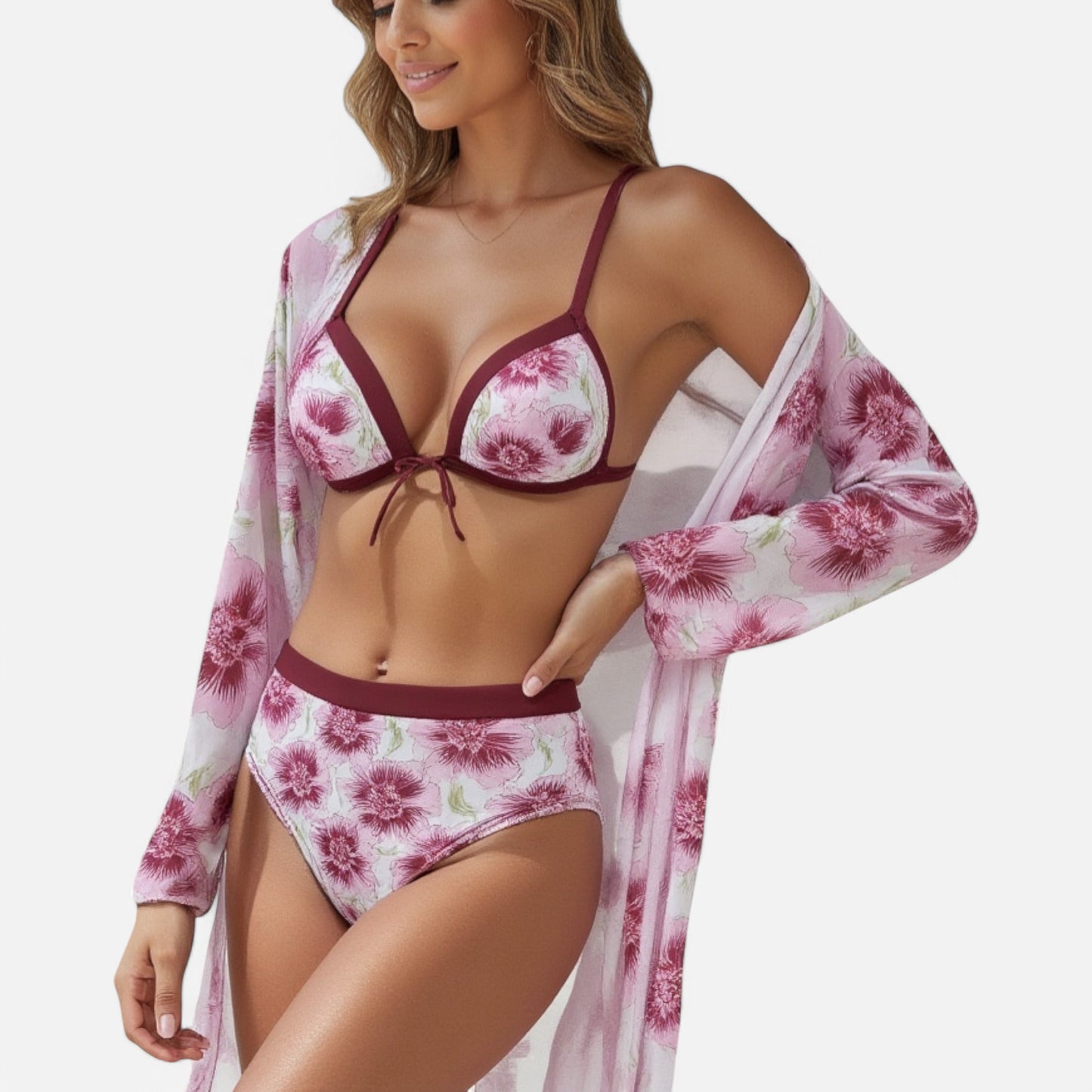 Anna-Kaci Swim Women's 3 Piece Floral Print Swimsuit Set with High Waist Bikini Bottoms Tie Front Top and Cover Up