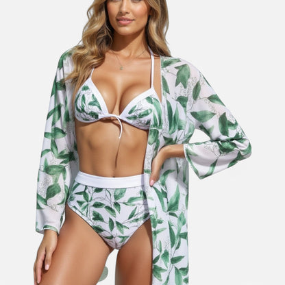Anna-Kaci Swim Women's 3 Piece Floral Print Swimsuit Set with High Waist Bikini Bottoms Tie Front Top and Cover Up