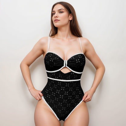 Anna-Kaci Swim Women's Eyelet Lace One Piece Swimsuit with Keyhole Cutout and Contrast Trim Detail