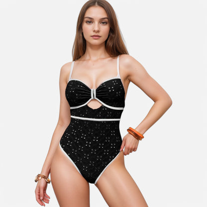 Anna-Kaci Swim Women's Eyelet Lace One Piece Swimsuit with Keyhole Cutout and Contrast Trim Detail