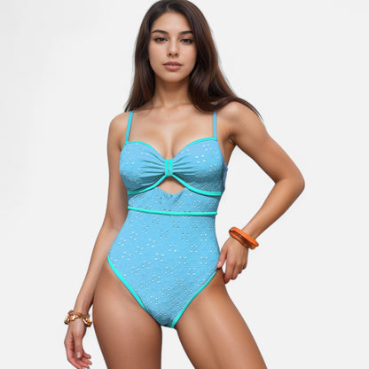 Anna-Kaci Swim Women's Eyelet Lace One Piece Swimsuit with Keyhole Cutout and Contrast Trim Detail