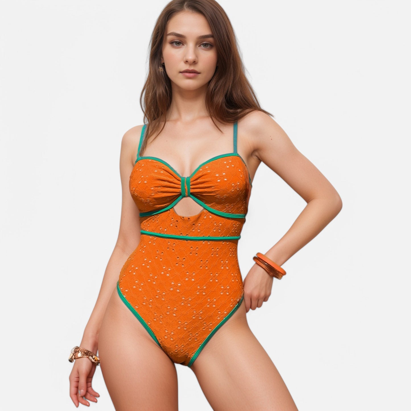Anna-Kaci Swim Women's Eyelet Lace One Piece Swimsuit with Keyhole Cutout and Contrast Trim Detail