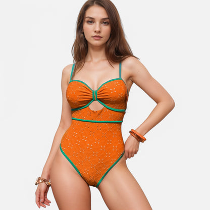 Anna-Kaci Swim Women's Eyelet Lace One Piece Swimsuit with Keyhole Cutout and Contrast Trim Detail