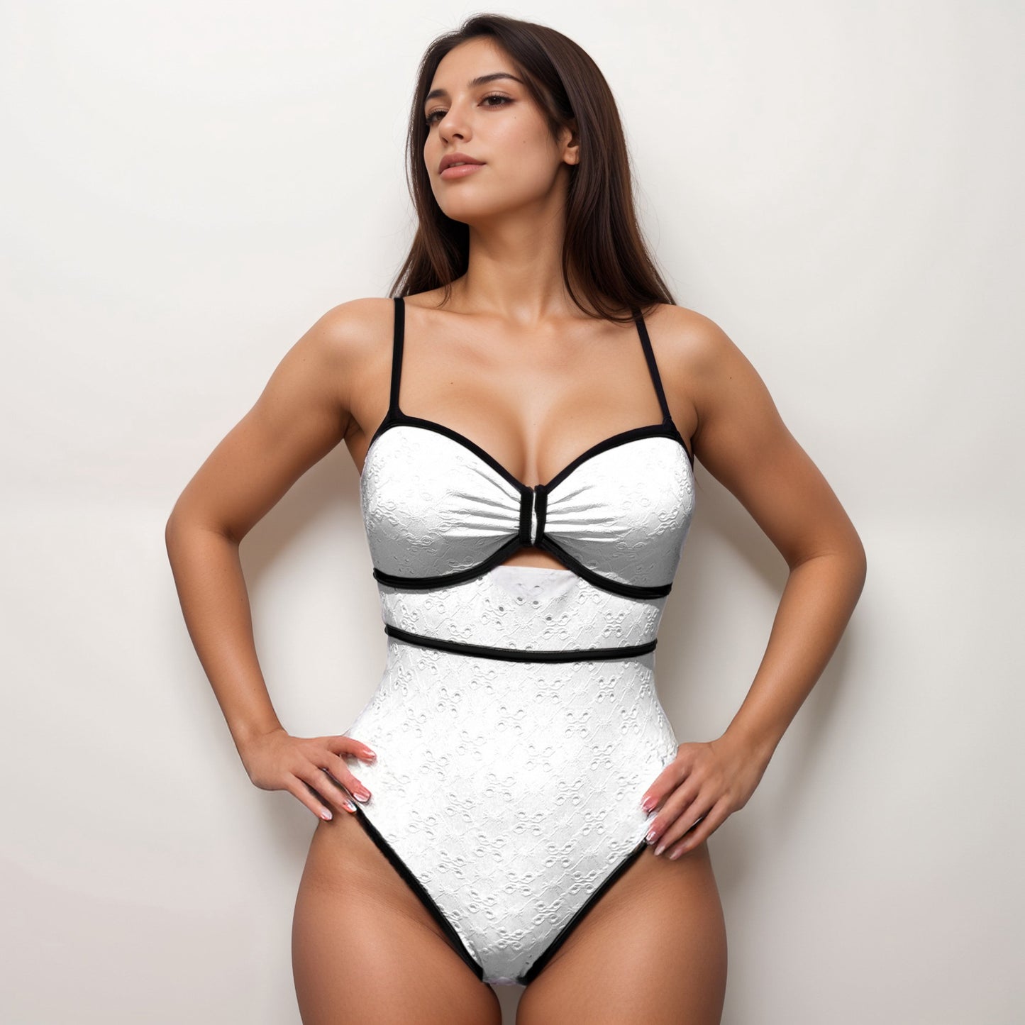 Anna-Kaci Swim Women's Eyelet Lace One Piece Swimsuit with Keyhole Cutout and Contrast Trim Detail