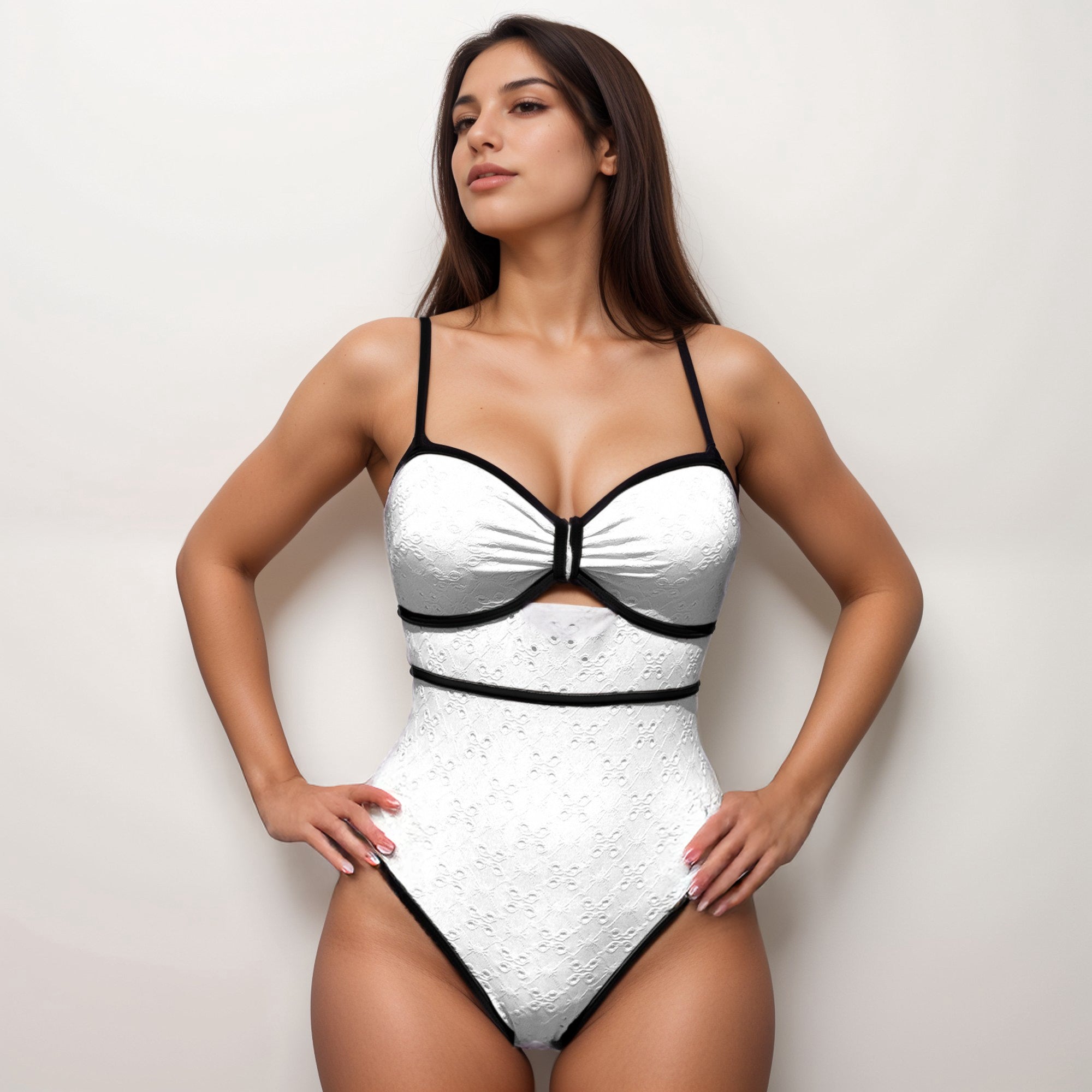 Anna-Kaci Swim Women's Eyelet Lace One Piece Swimsuit with Keyhole Cutout and Contrast Trim Detail