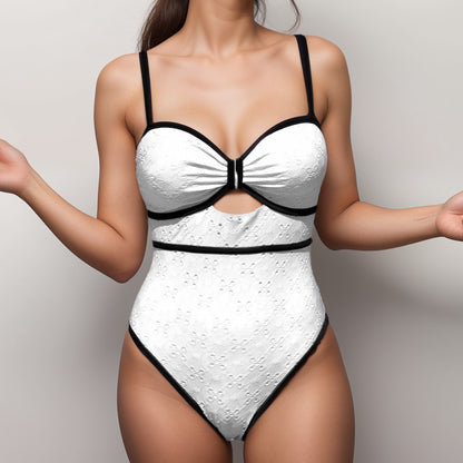 Anna-Kaci Swim Women's Eyelet Lace One Piece Swimsuit with Keyhole Cutout and Contrast Trim Detail