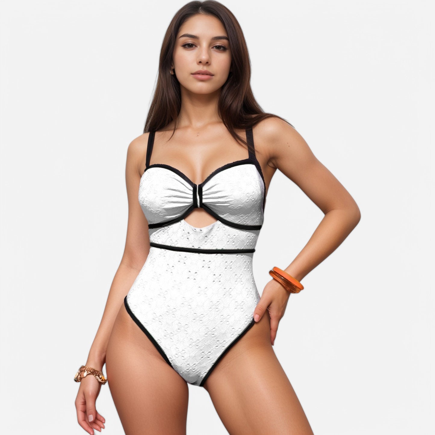 Anna-Kaci Swim Women's Eyelet Lace One Piece Swimsuit with Keyhole Cutout and Contrast Trim Detail