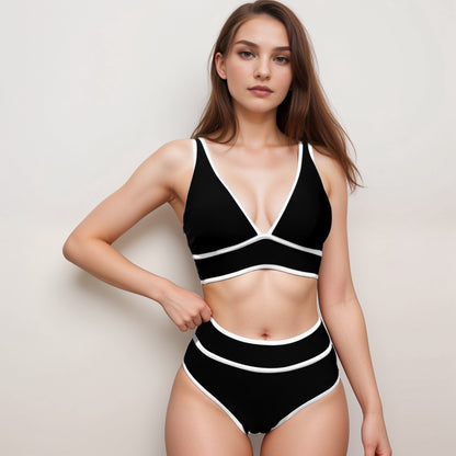 Anna-Kaci Swim Women's High Waist Bikini Set with White Contrast Piping and Wide Band Triangle Top