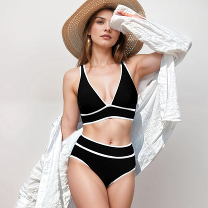 Anna-Kaci Swim Women's High Waist Bikini Set with White Contrast Piping and Wide Band Triangle Top