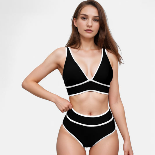Anna-Kaci Swim Women's High Waist Bikini Set with White Contrast Piping and Wide Band Triangle Top