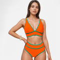 Anna-Kaci Swim Women's High Waist Bikini Set with White Contrast Piping and Wide Band Triangle Top