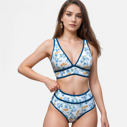 Anna-Kaci Swim Women's High Waist Bikini Set with White Contrast Piping and Wide Band Triangle Top