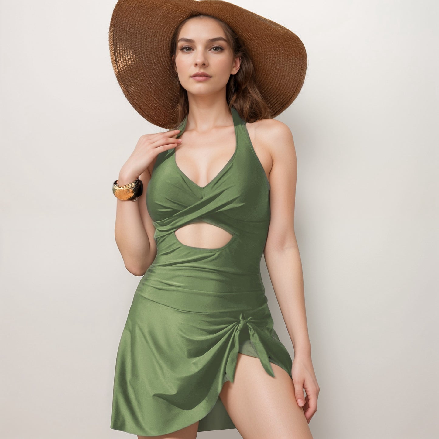 Anna-Kaci Swim Women's One Piece Halter Swimsuit with Front Cutout and Attached Wrap Skirt Detail