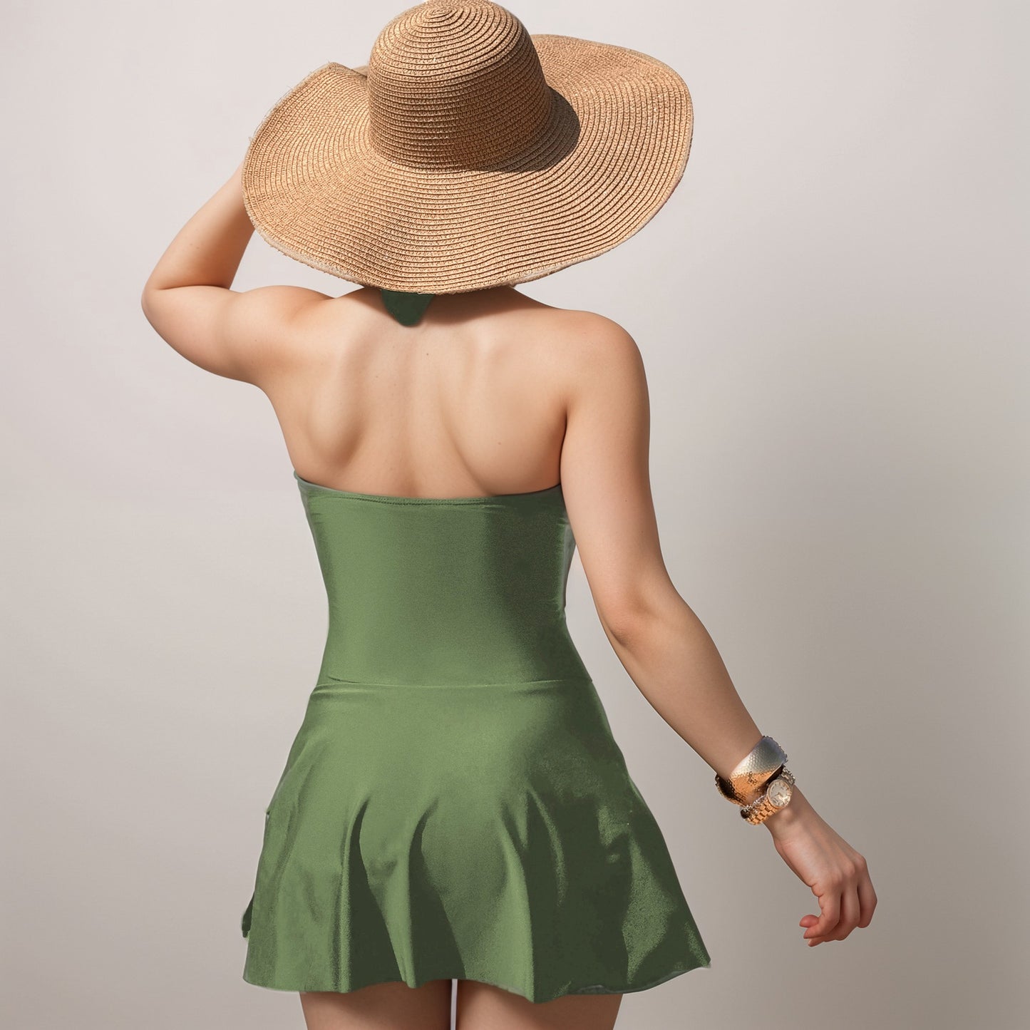 Anna-Kaci Swim Women's One Piece Halter Swimsuit with Front Cutout and Attached Wrap Skirt Detail