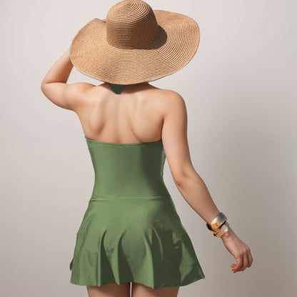 Anna-Kaci Swim Women's One Piece Halter Swimsuit with Front Cutout and Attached Wrap Skirt Detail