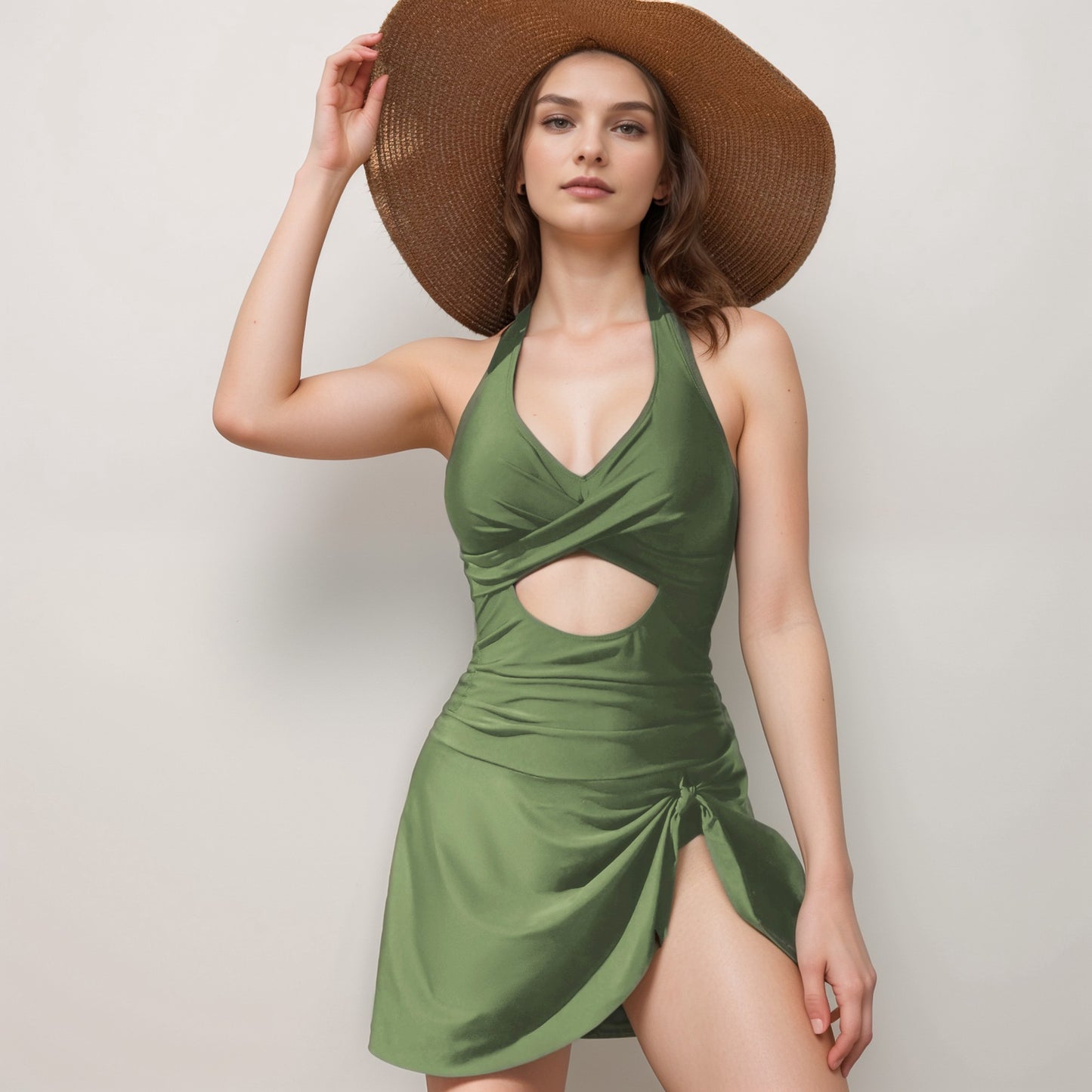 Anna-Kaci Swim Women's One Piece Halter Swimsuit with Front Cutout and Attached Wrap Skirt Detail