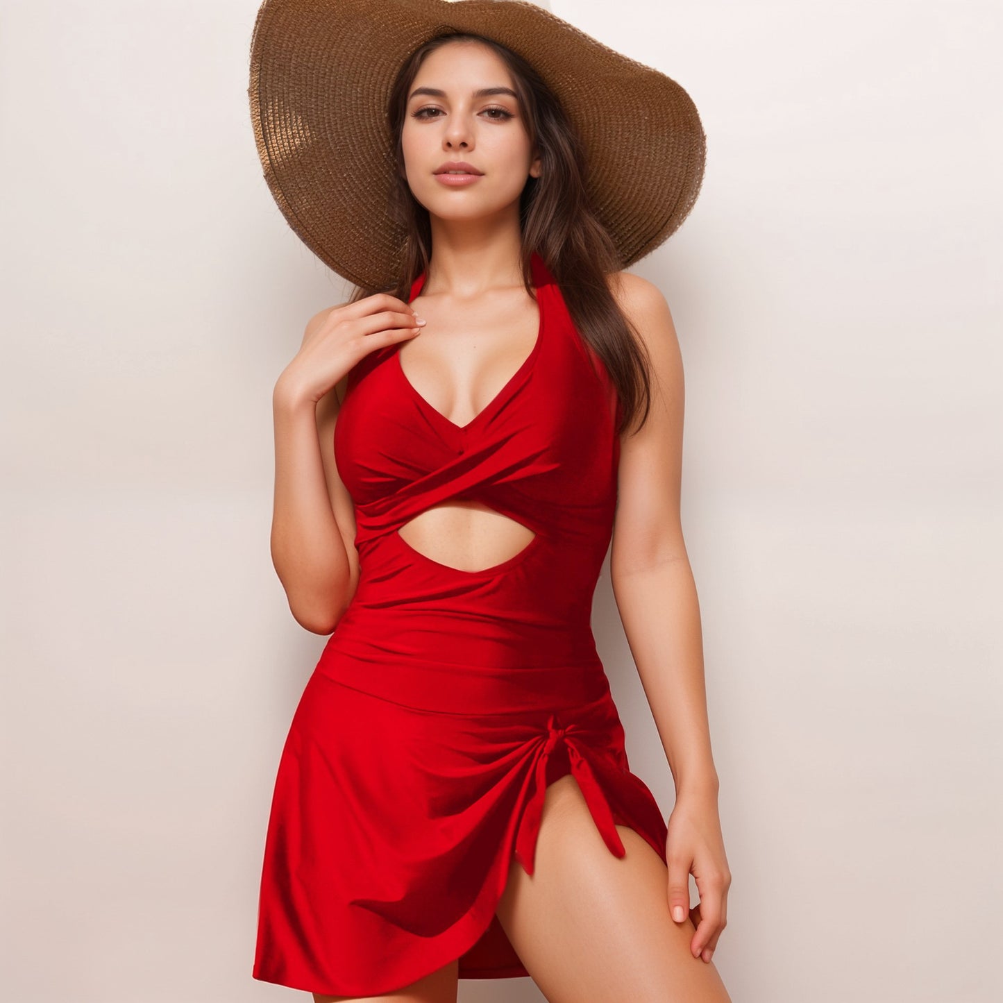 Anna-Kaci Swim Women's One Piece Halter Swimsuit with Front Cutout and Attached Wrap Skirt Detail