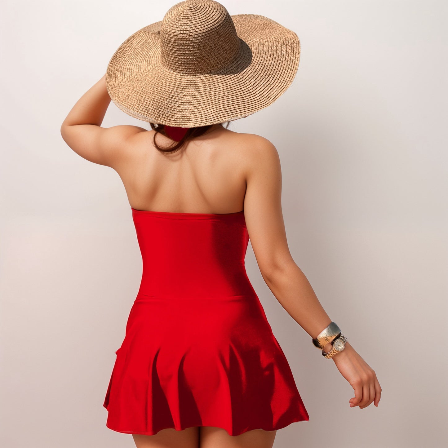 Anna-Kaci Swim Women's One Piece Halter Swimsuit with Front Cutout and Attached Wrap Skirt Detail