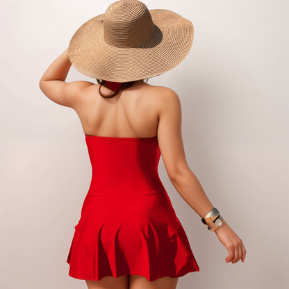 Anna-Kaci Swim Women's One Piece Halter Swimsuit with Front Cutout and Attached Wrap Skirt Detail