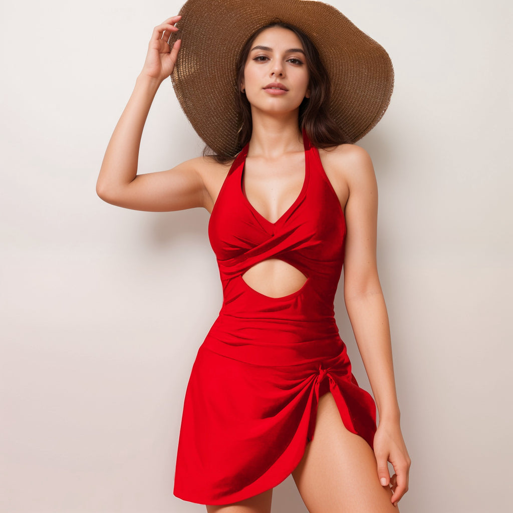 Anna-Kaci Swim Women's One Piece Halter Swimsuit with Front Cutout and Attached Wrap Skirt Detail