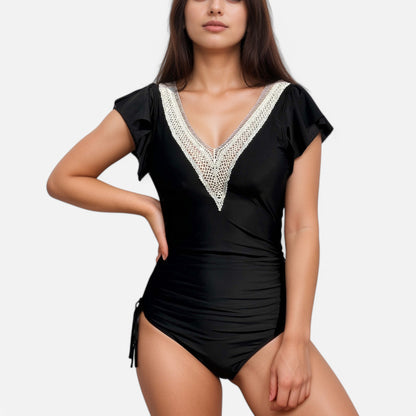Anna-Kaci Swim Women's One Piece Swimsuit with Crochet V-Neckline and Flutter Cap Sleeves