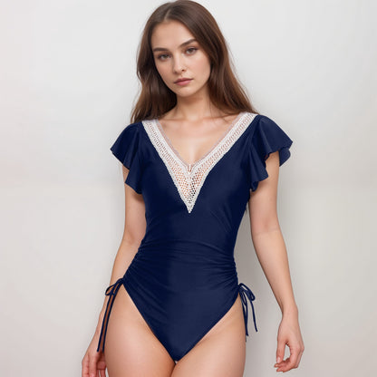 Anna-Kaci Swim Women's One Piece Swimsuit with Crochet V-Neckline and Flutter Cap Sleeves