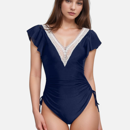 Anna-Kaci Swim Women's One Piece Swimsuit with Crochet V-Neckline and Flutter Cap Sleeves