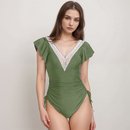 Anna-Kaci Swim Women's One Piece Swimsuit with Crochet V-Neckline and Flutter Cap Sleeves