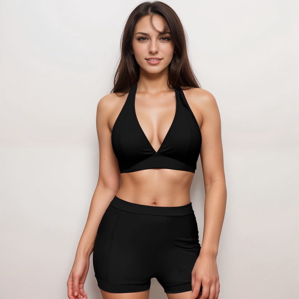 Anna-Kaci Swim Women's Two Piece Bikini Set with Halter Triangle Top and High Waist Swim Shorts Bottom
