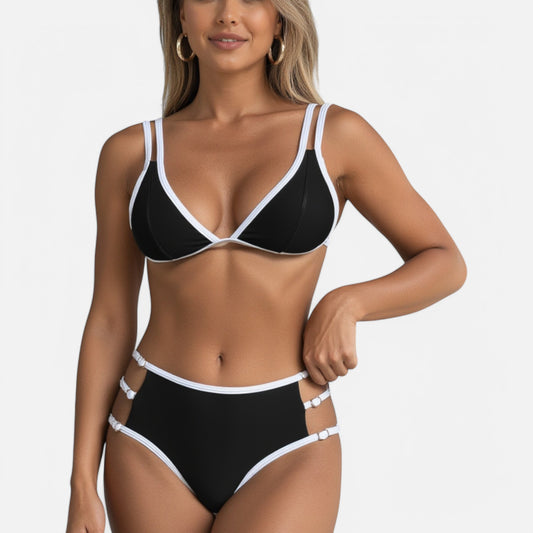 Anna-Kaci Swim Women's High Waist Bikini Set with Double Strap Triangle Top and Side Ring Strap Bottoms