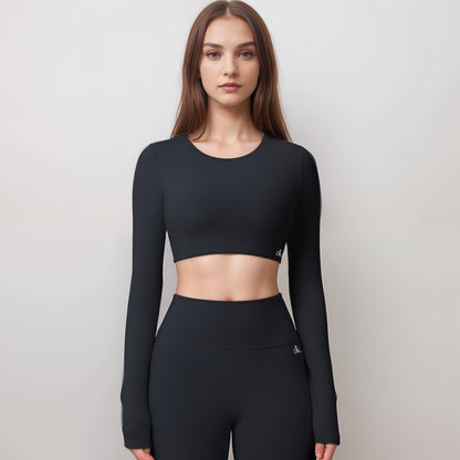 Anna-Kaci Women's Long Sleeve Active Crop Top with Crew Neckline Seamless Stretch Fit and Thumbhole Cuffs for Layered Comfort