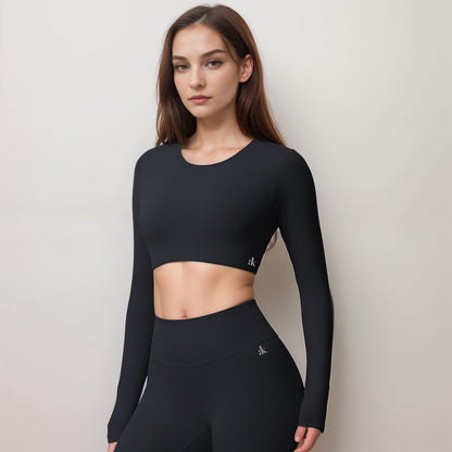 Anna-Kaci Women's Long Sleeve Active Crop Top with Crew Neckline Seamless Stretch Fit and Thumbhole Cuffs for Layered Comfort