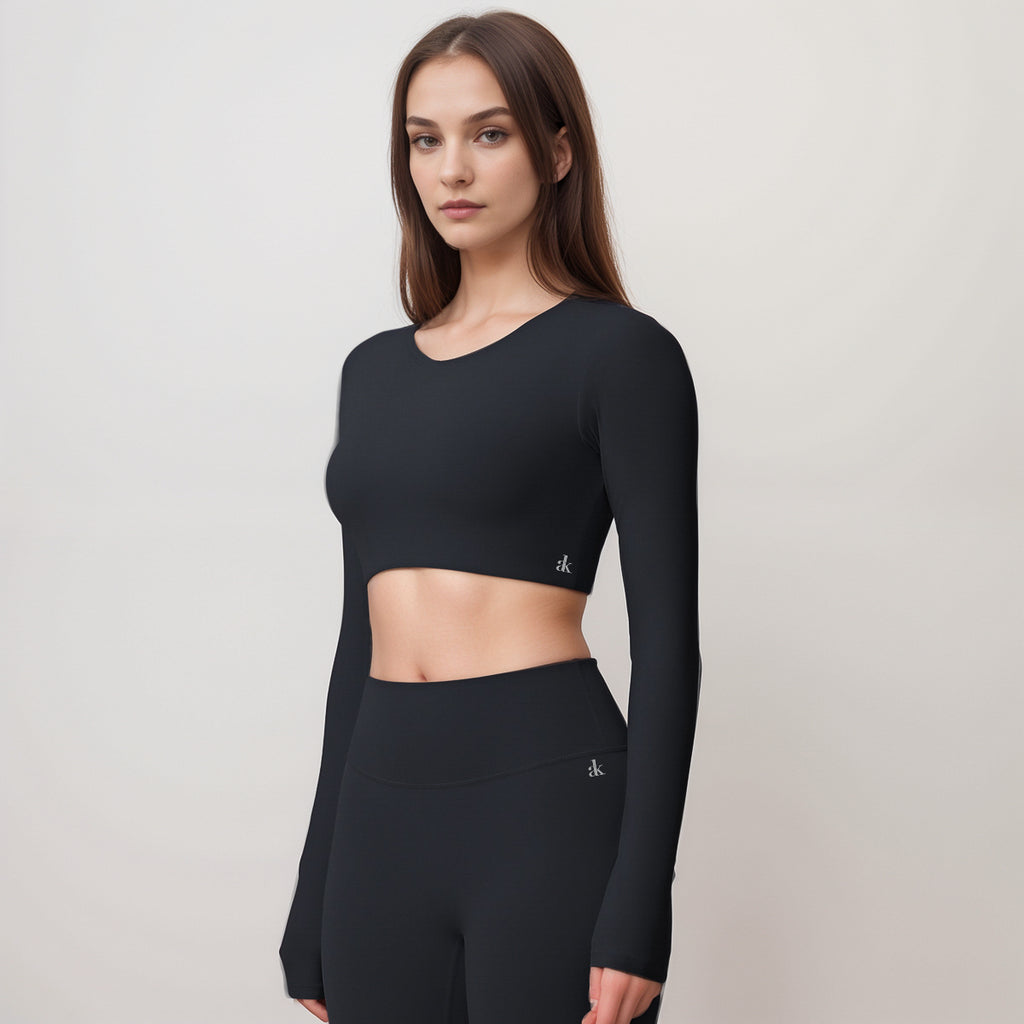Anna-Kaci Women's Long Sleeve Active Crop Top with Crew Neckline Seamless Stretch Fit and Thumbhole Cuffs for Layered Comfort