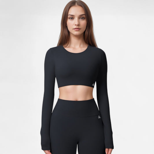 Anna-Kaci Women's Long Sleeve Active Crop Top with Crew Neckline Seamless Stretch Fit and Thumbhole Cuffs for Layered Comfort